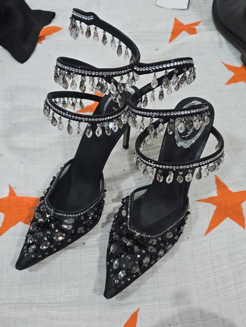 RENE CAOVILLA SHOES Black Jeweled Strappy High-Heel Sandals